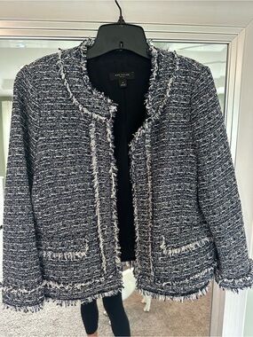 Ann Taylor Navy & White Tweed Fringe Blazer